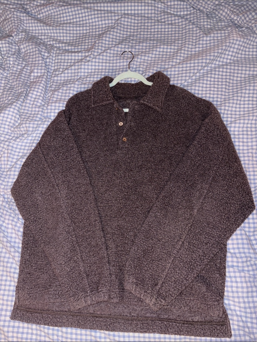 Mens Brown Sherpa Pullover Sweater with Polo Collar